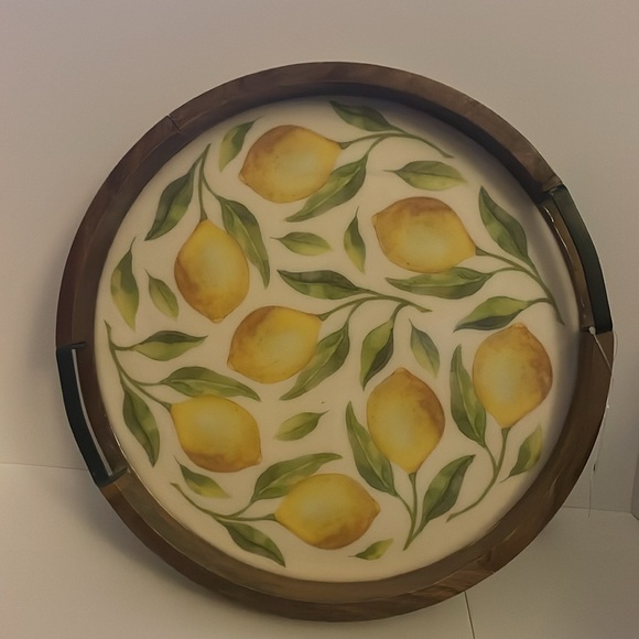 Gourmet Basics Lemon Rotating Tray, wood with iron handles. 16”L X 16”W X 2.75”H - Picture 8 of 17